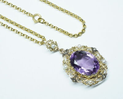 Schmuck aus zweiter Hand - Antikschmuck 18k Gelbgold Collier Amethyst, Naturperlen und Diamanten