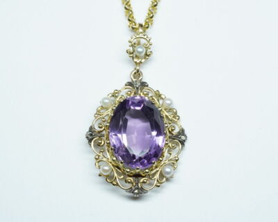 Schmuck aus zweiter Hand - Antikschmuck 18k Gelbgold Collier Amethyst, Naturperlen und Diamanten
