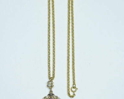 Schmuck aus zweiter Hand - Antikschmuck 18k Gelbgold Collier Amethyst, Naturperlen und Diamanten