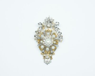 Schmuck aus zweiter Hand - Antikschmuck Brosche 14k Gold mit Diamanten und Perlen