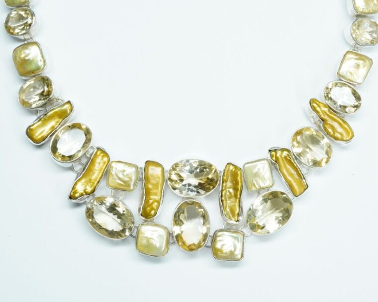 Second Hand Collier - 925er Silber mit Barockperlen und Citrinen