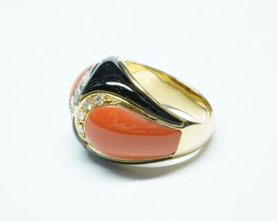 Schmuck aus zweiter Hand - 18k Gelbgold Fingerring mit Diamanten, Koralle, Emaille