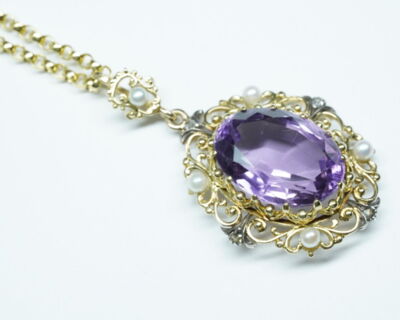 Schmuck aus zweiter Hand - Antikschmuck 18k Gelbgold Collier Amethyst, Naturperlen und Diamanten