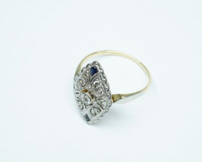 Second Hand Schmuck - Art Deco Fingerring 14k Gelbgold platiniert mit Diamant und Saphiren