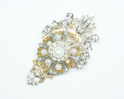 Schmuck aus zweiter Hand - Antikschmuck Brosche 14k Gold mit Diamanten und Perlen