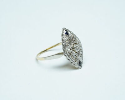 Second Hand Schmuck - Art Deco Fingerring 14k Gelbgold platiniert mit Diamant und Saphiren