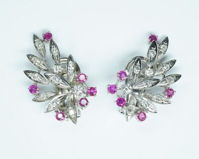 Schmuck aus zweiter Hand - 18k Weissgold Ohr Clips mit Rubinen und Diamanten