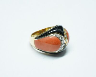 Schmuck aus zweiter Hand - 18k Gelbgold Fingerring mit Diamanten, Koralle, Emaille